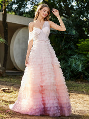 Robe de A-ligne en Tulle Plissée à Une Épaule Rose Grande Taille