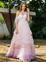 Robe de A-ligne en Tulle Plissée à Une Épaule Rose Grande Taille