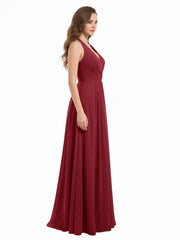 Col En V Mousseline Robe Avec Nœud Bretelles Bordeaux
