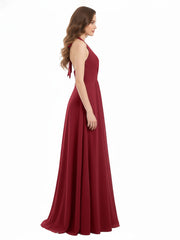 Col En V Mousseline Robe Avec Nœud Bretelles Bordeaux