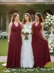 Col En V Mousseline Robe Avec Nœud Bretelles Bordeaux