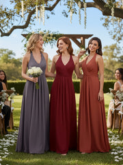 Col En V Mousseline Robe Avec Nœud Bretelles Bordeaux
