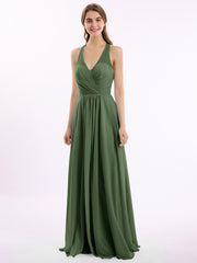 Col En V Mousseline Robe Avec Nœud Bretelles Olive Verte