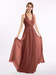 Col En V Mousseline Robe Avec Nœud Bretelles terracotta