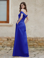Robe en Satin à Mancherons Hors de l'Épaule avec Fente Bleu Royale