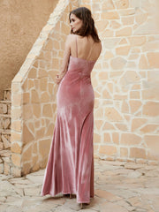 Robe Capot en Velours Longueur au Sol Rose Poudré