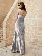 Robe Fourreau en Velours Longueur au Sol à Col en V avec Fente Argent