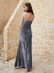 Robe Capot en Velours Longueur au Sol Gris Acier Grande Taille
