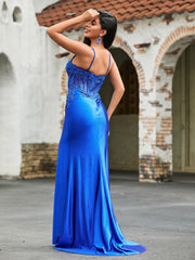 Maxi Robe avec Appliques Florales de Paillettes à Fente Haute Bleu Royale