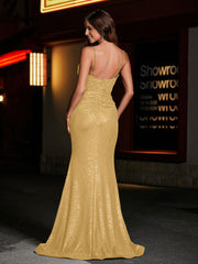 Robe Sirène en Paillettes à Col en Cœur avec Fente Or