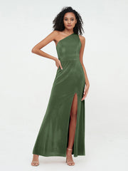 Robes en Velours à Une Epaule et Dos Ouvert avec Fente Olive Verte
