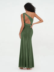 Robes en Velours à Une Epaule et Dos Ouvert avec Fente Olive Verte