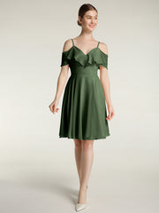 Col En Cœur Col Court Robes Avec Manches Volants Olive Verte