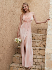 Robe Fourreau en Velours Longueur au Sol à Col en V avec Fente Rose Perle