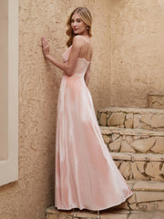 Robe Fourreau en Velours Longueur au Sol à Col en V avec Fente Rose Perle