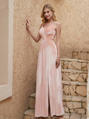 Robe Fourreau en Velours Longueur au Sol à Col en V avec Fente Rose Perle