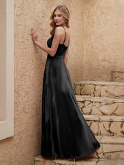 Robe Fourreau en Velours Longueur au Sol à Col en V avec Fente Noir Grande Taille