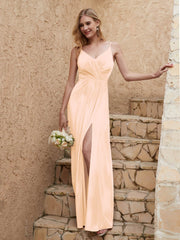Robe Fourreau en Velours Longueur au Sol à Col en V avec Fente Champagne