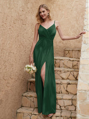 Robe Fourreau en Velours Longueur au Sol à Col en V avec Fente Vert Foncé