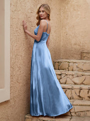 Robe Fourreau en Velours Longueur au Sol à Col en V avec Fente Bleu Poudré Grande Taille