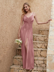 Robe Fourreau en Velours Longueur au Sol à Col en V avec Fente Rose Poudré