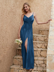 Robe Fourreau en Velours Longueur au Sol à Col en V avec Fente Bleu Encre Grande Taille