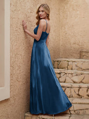 Robe Fourreau en Velours Longueur au Sol à Col en V avec Fente Bleu Encre