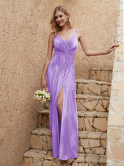 Robe Fourreau en Velours Longueur au Sol à Col en V avec Fente Lilas Grande Taille