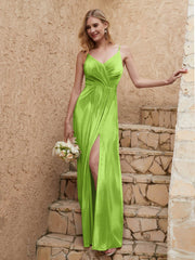 Robe Fourreau en Velours Longueur au Sol à Col en V avec Fente Vert Citron Grande Taille