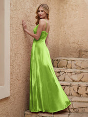 Robe Fourreau en Velours Longueur au Sol à Col en V avec Fente Vert Citron