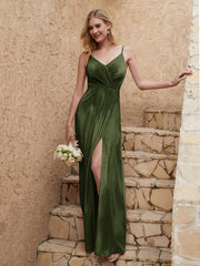 Robe Fourreau en Velours Longueur au Sol à Col en V avec Fente Olive Verte Grande Taille