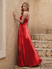 Robe Fourreau en Velours Longueur au Sol à Col en V avec Fente Rouge