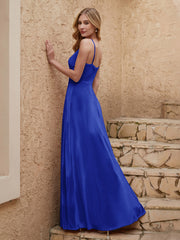 Robe Fourreau en Velours Longueur au Sol à Col en V avec Fente Bleu Royale Grande Taille