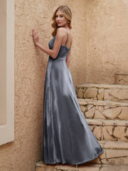 Robe Fourreau en Velours Longueur au Sol à Col en V avec Fente Gris Acier