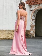 Maxi Robe en Satin avec Corset Diamanté Rose Poudré