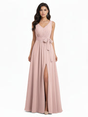 Col En V Mousseline Nœud Ceinture Tenues Avec Fente Rose Poudré
