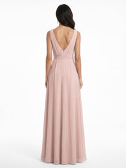 Col En V Mousseline Nœud Ceinture Tenues Avec Fente Rose Poudré