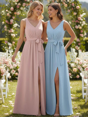 Col En V Mousseline Nœud Ceinture Tenues Avec Fente Rose Poudré