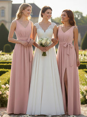Col En V Mousseline Nœud Ceinture Tenues Avec Fente Rose Poudré