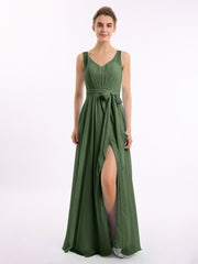 Col En V Mousseline Nœud Ceinture Tenues Avec Fente Olive Verte