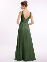 Col En V Mousseline Nœud Ceinture Tenues Avec Fente Olive Verte