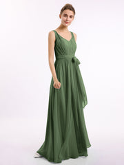 Col En V Mousseline Nœud Ceinture Tenues Avec Fente Olive Verte Grande Taille