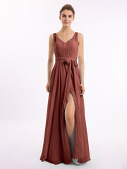 Col En V Mousseline Nœud Ceinture Tenues Avec Fente terracotta