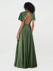 Robes Maxi en Velours à Dos Ouvert et Manches Flottantes Olive Verte