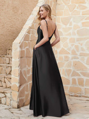 Robe Capot de A-ligne en Satin avec Fente Noir