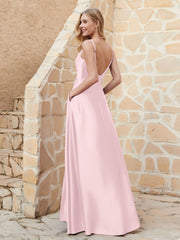 Robe Capot de A-ligne en Satin avec Fente Rose Pâle