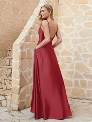 Robe Capot de A-ligne en Satin avec Fente Bordeaux