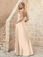 Robe Capot de A-ligne en Satin avec Fente Champagne Grande Taille