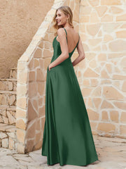 Robe Capot de A-ligne en Satin avec Fente Vert Foncé Grande Taille