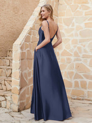 Robe Capot de A-ligne en Satin avec Fente Bleu Marine